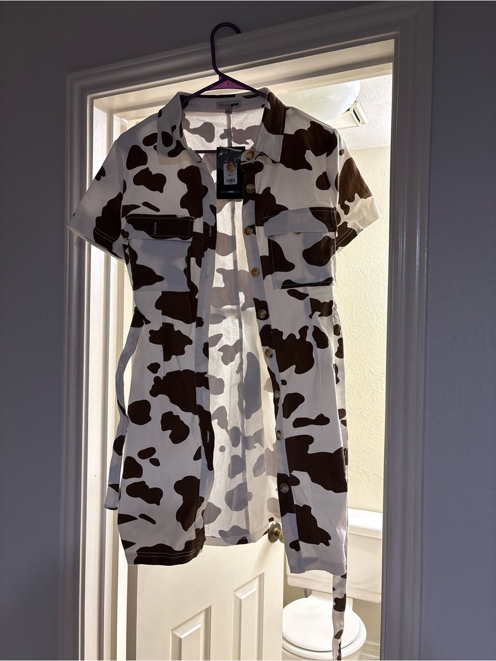 Fashion Nova Picnic Affair Denim Mini Dress NWT Size L Brown Cow Print